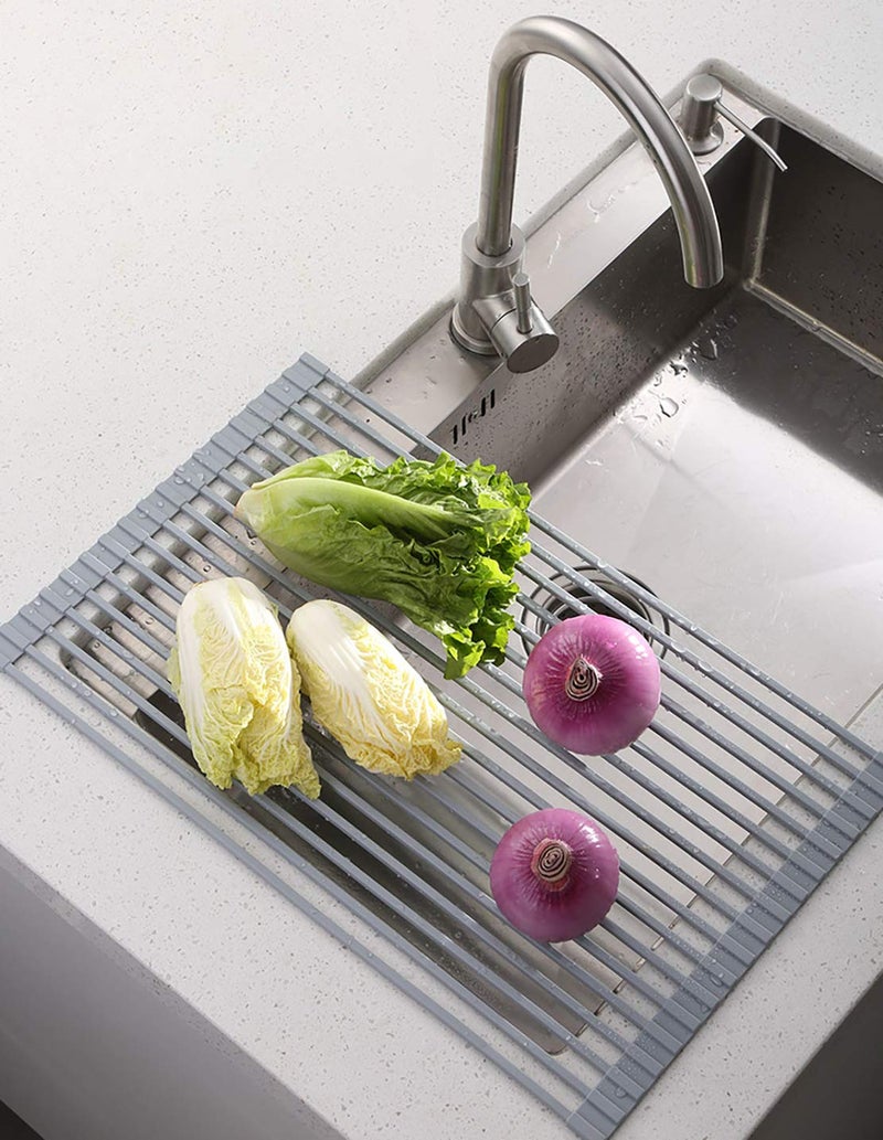 Ahyuan Large Roll up Dish Drying Rack 20.5'' Silicone Over Sink Dish Drying Rack Cubic Silicone Wrapped Steel Solid Bars Dish Racks for Kitchen Counter Sink Drying Rack (Warm Grey, Large20.5"Lx13"W) - Image 2